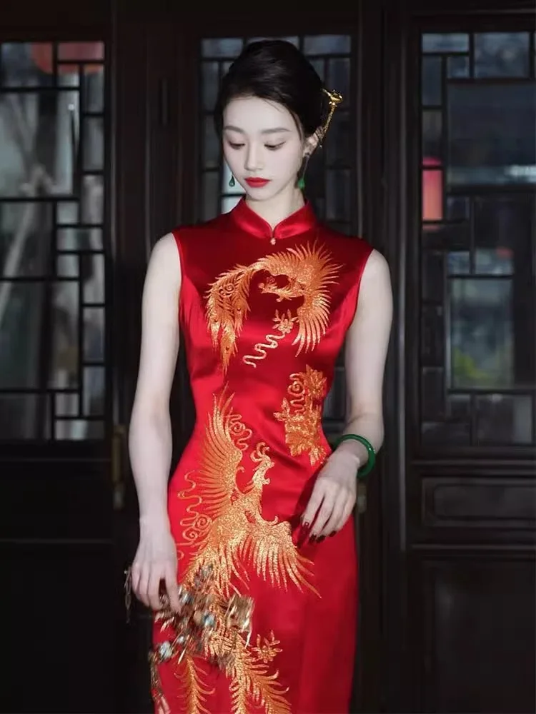 

Новое китайское красное платье-ципао с принтом, весна 2025, с завышенной талией, длинная юбка, для свадебной церемонии, праздничный наряд, женское.