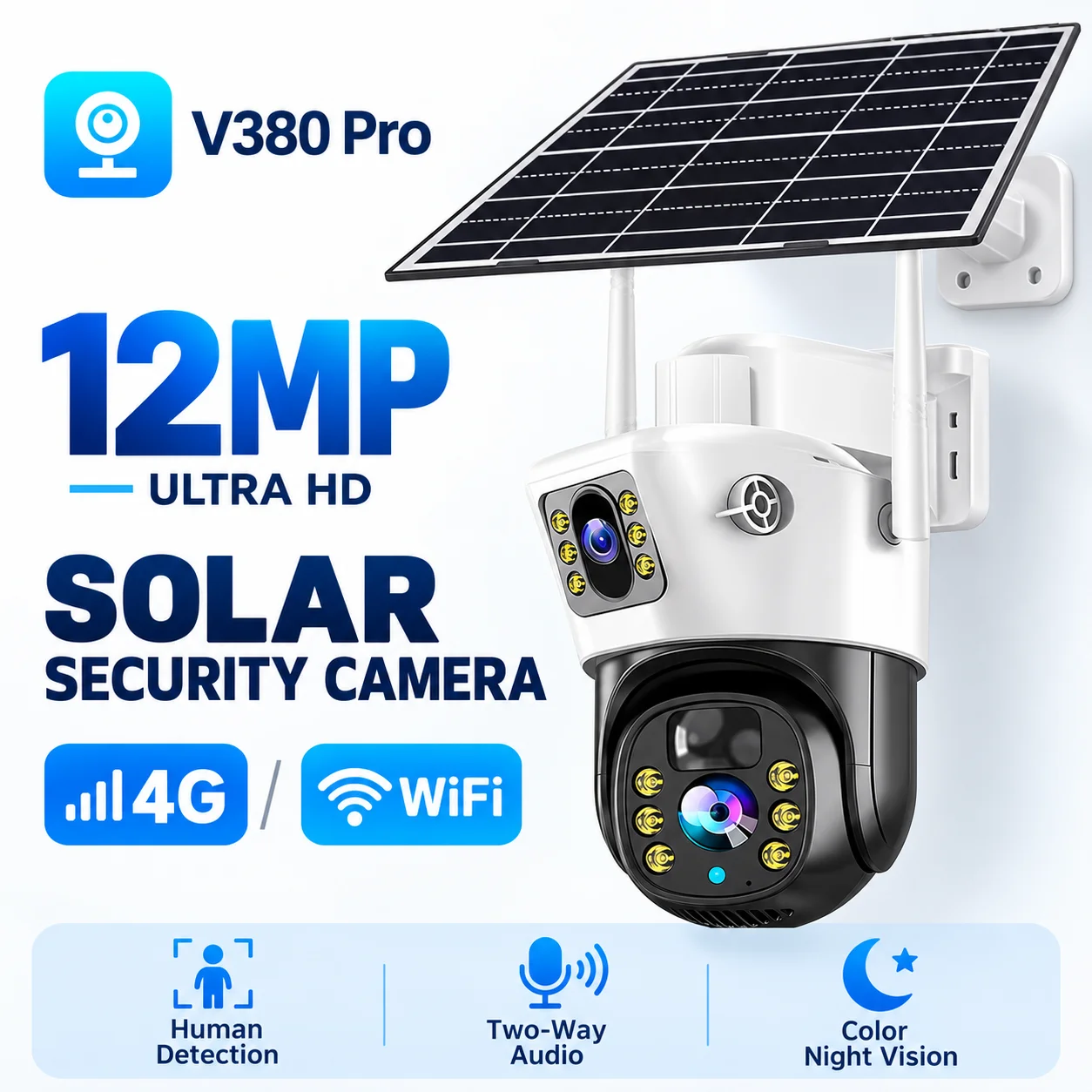 V380 Pro 8MP 4G LTE SIM/WiFi Solar Outdoor PTZ IP Security Camera, PIR Human Detection, Night Vision CCTV