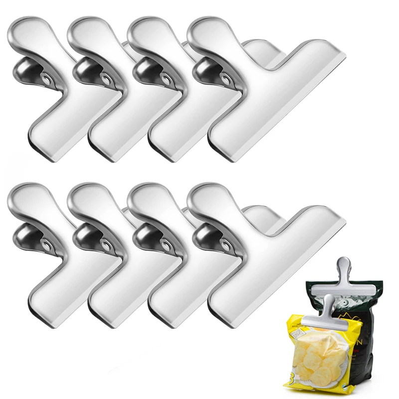 Clips de sac à puces en acier inoxydable, 8 pièces, 4 tailles, robuste, poignée d'étanchéité serrée à l'air, pinces de sac de café et de nourriture, Clips de collation