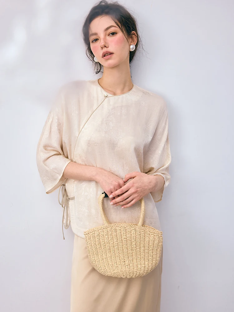 

Handmade Chinese Sle Women's irt Tianli Linen Blend Button up Vintage Loose Fit Long Sve Pure Color Top