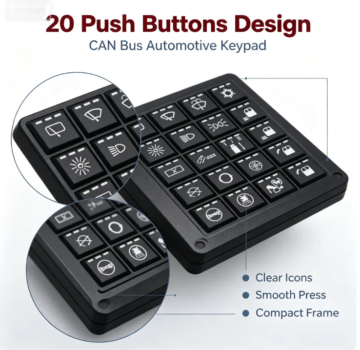 20 Keys CAN Bus Push Button Switch Panel DC12V 24V Programmable Intelligent Automotive CANbus Keypad