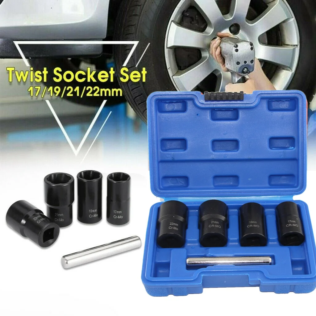 5Pcs/Set Twist Socket Kit 4 Damaged Worn Lug Nut & Lock Remover 17,19, 21,