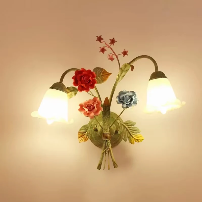 Dual Head LED Aisle Wall Light Fixtures Classical Pastoral Wall Lamp Nordic Bedside Flower And Grass Lamp Wrought Iron Lighting