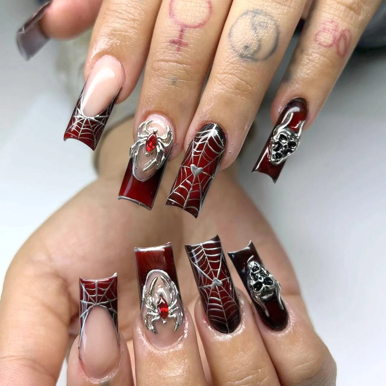 Long Coffin Nude Gradient Burgundy Red Press On Nails Gothic Dark Y2K Fake Nail Tips With Hand-Drawn Silver Spider Web Lines, 3D Silver Spider Charms With Red Rhinestone Inlay & Silver Skull Metal Ornaments Cool Halloween Streetwear Manicure Set For Women - view 2