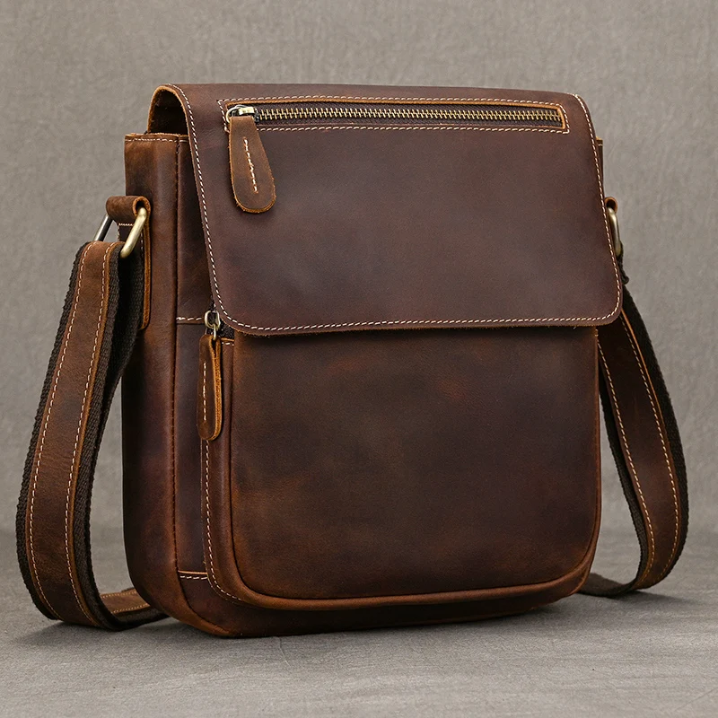 كريزي هورس جلد الرجال حقيبة كتف جلد طبيعي حقيبة رافعة خمر نمط حقائب كروسبودي للرجل الذكور جلد البقر حقيبة ساعي