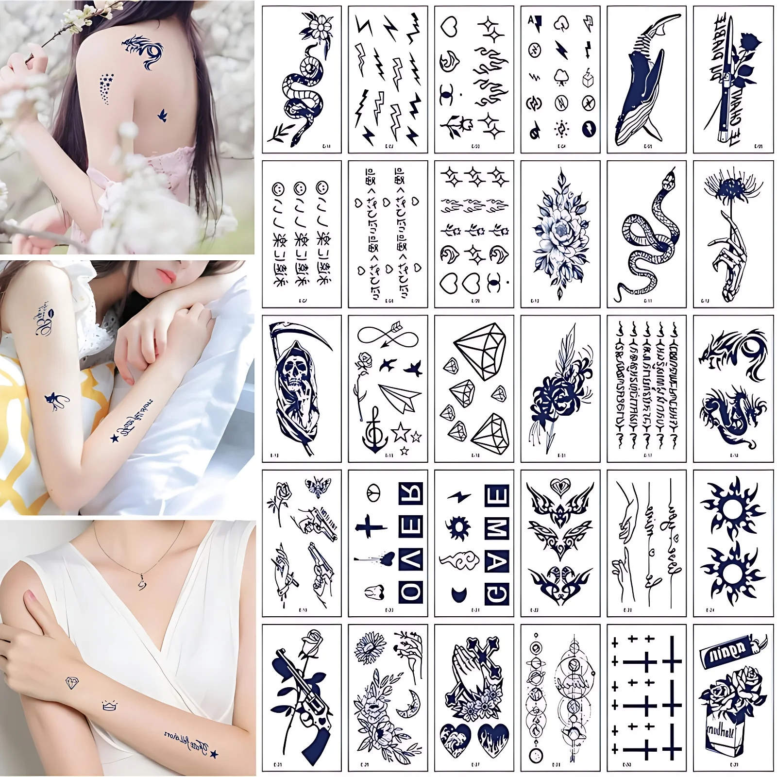 30pcs/pack Long Lasting Juice Tattoo Sticker for Men Women Dragons Skeletons Lightning English Letter Semi-permanent Fake Tattoo