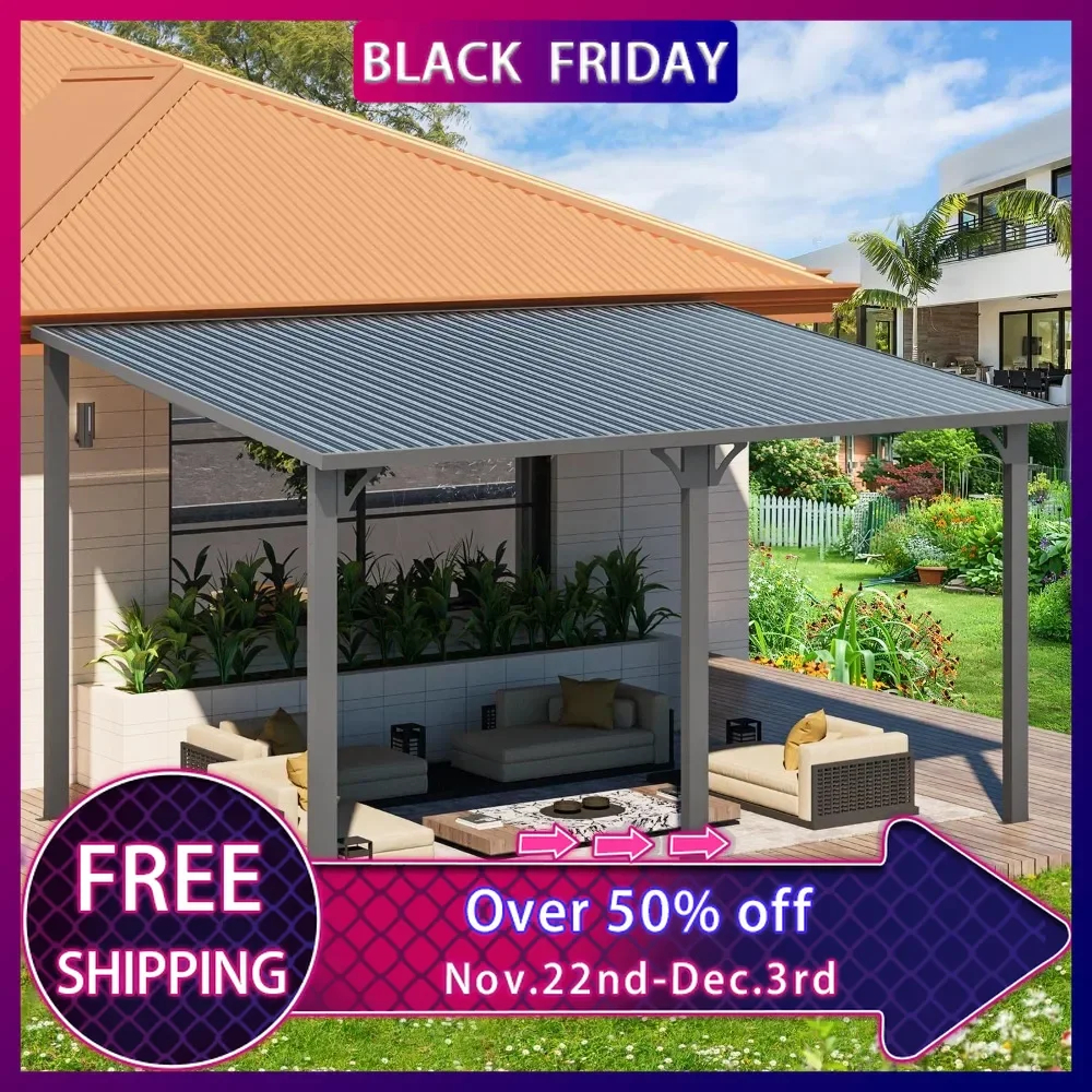 14' x 10' Hardtop Gazebo Outdoor Pergola, Large Heavy Duty , Wall-Mounted Grill Gazebo Galvanized Steel Patio Roof Awnings