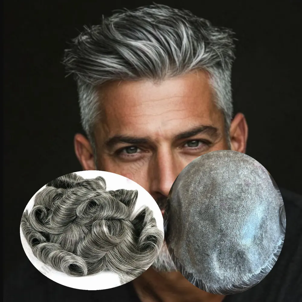 

1b50 1b80Grey Old Male Hair Prosthesis Thin 0.1mm Poly Skin Base Men Toupee Human Hair Undetectable Durable Replacement System