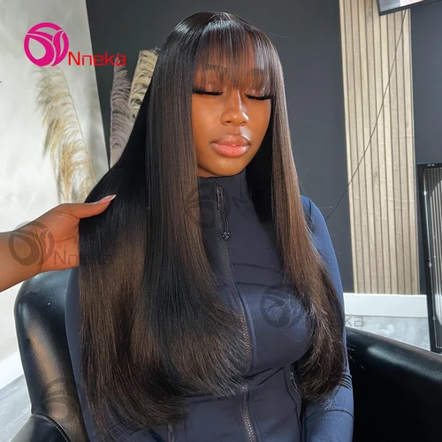 Peluca de cabello humano liso con flequillo para mujer, pelucas de encaje brasileñas 3x1 de 30 pulgadas, peluca sin pegamento, cabello humano de Color negro Natural