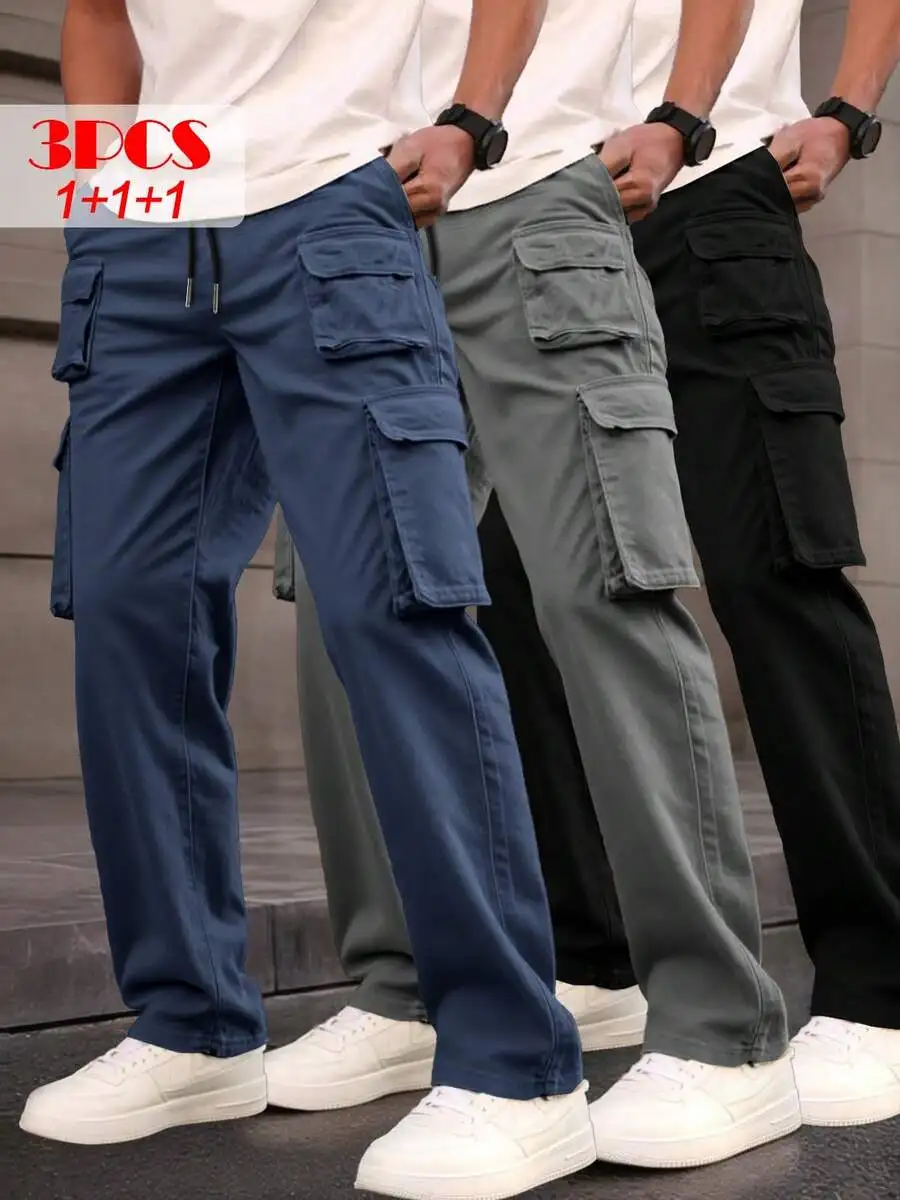 PINELF 3-Pack Men's Cargo Pants, Multiple Pockets, Perfect For Spring/Fall Wear | Drawstring Waistband | Smooth Textured