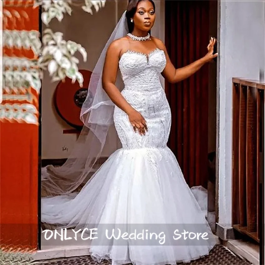 

Charming Tulle O-Neck Mermaid Wedding Dress Luxury Women Mermaid Bride Dresses Beading Pearls Robe De Mariee Customized