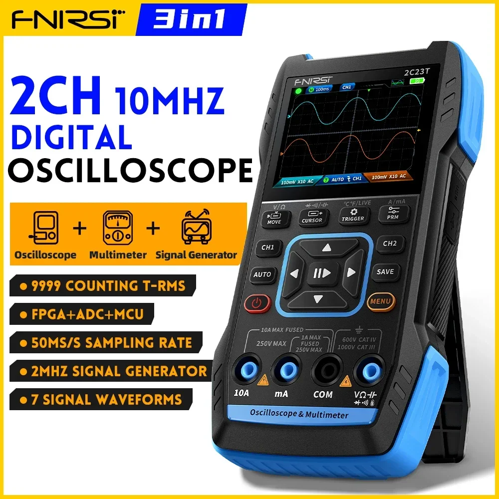 

FNIRSI 2C23T Digital Multimeter Handheld Oscilloscope 10MHZ*2+ Function Signal Generator 9999 Count Smart Professional Tester