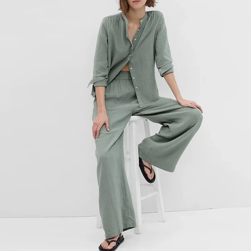 Muslin 100% Cotton Pajamas For Women 2 Piece Sets Loose Long Sleeve Sleepwear Female Casual Trouser Suits Nightwear Tracksuit