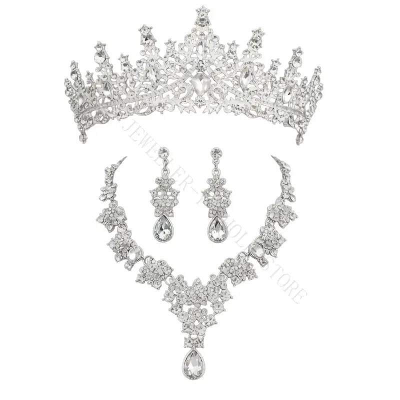 R7UF Practical Multilayer Rhinestones Bridal Crown and Necklace Set for Photography