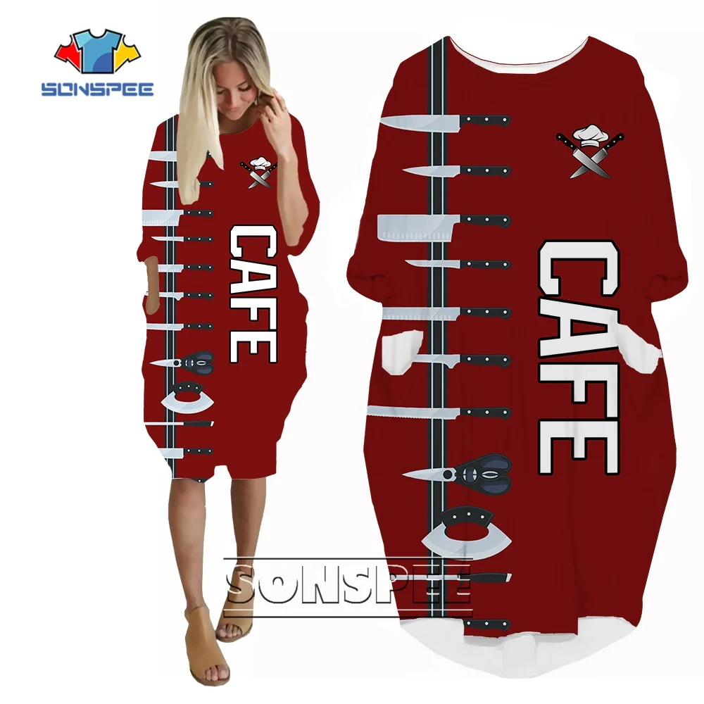 

SONSPEE 3D Printing Hip Hop Women's Dress Chef Kitchen Cutlery Tableware Pattern Skirt New Fashion Personality Long Sleeve Gown