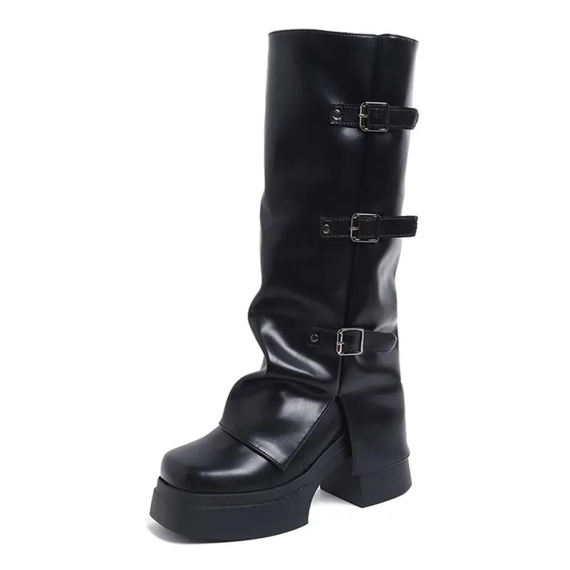 Luxury Woman Boots Knee High Platform Chunky Heels Trend Punk Gothic New Rock Leather Fashion Women's Shoes Motorcycle Footwear