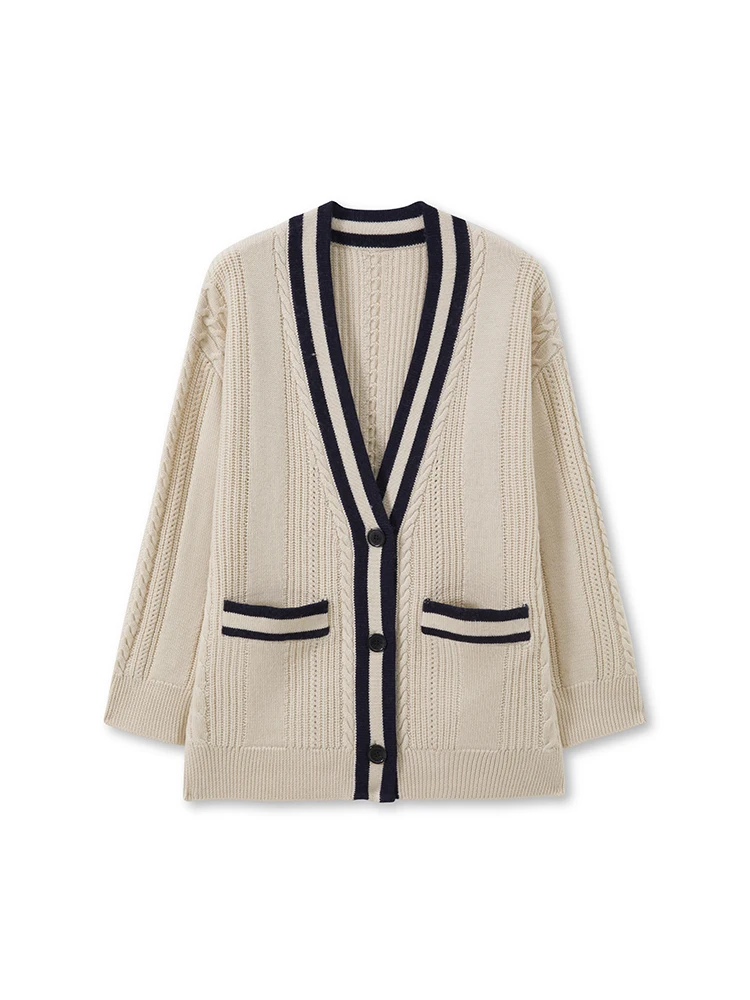 Mas&Jm-suéter de punto con cuello en V para mujer, cárdigan abierto de longitud media, estilo universitario, Color lana austr...