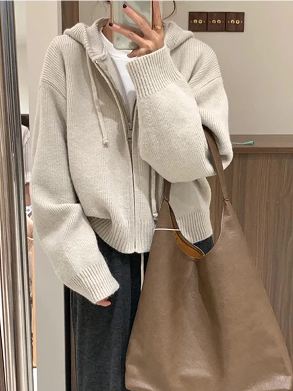 

Ladies' Zipper Hooded Knitted Sweater Jaet ort Sle Spring Autumn New Arrival Comfortable Polyester Fiber Long Sve