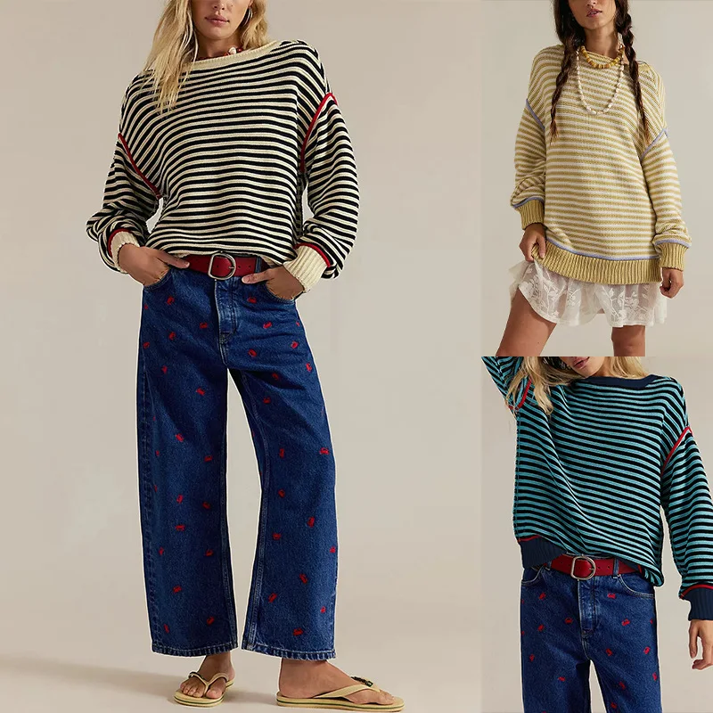 

2025 New Autumn Winter Women's Clothing Striped Knitted Round Neck Pullover Loose Sweater European American