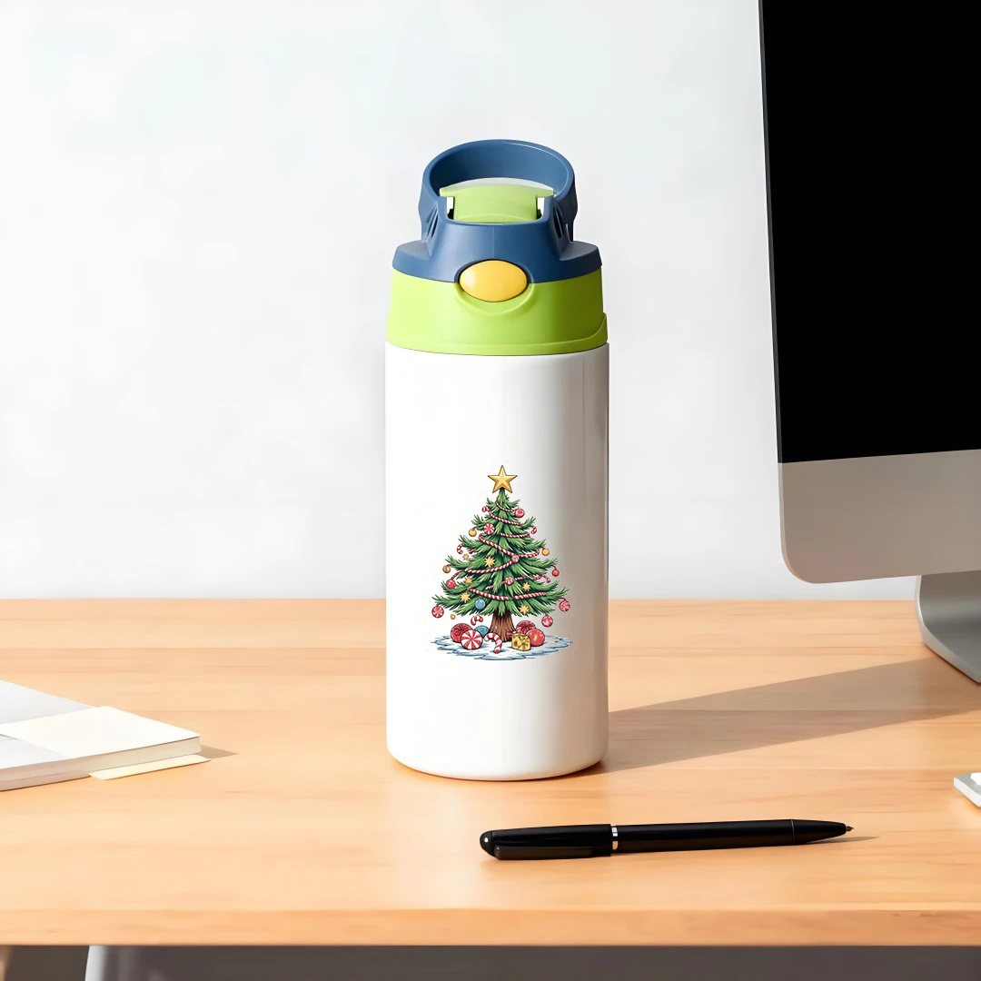 Botol minum stainless steel 304 motif pohon Natal kartun, botol sedotan anak-anak, botol portabel, hadiah liburan Natal, produk baru Natal