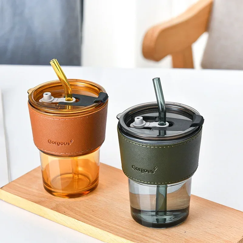 400ml Ins Coffee Glass Lid Straw Water Cup Good-looking Ice American Latte Milk Cup Summer Traveltour Drinkware Accessory