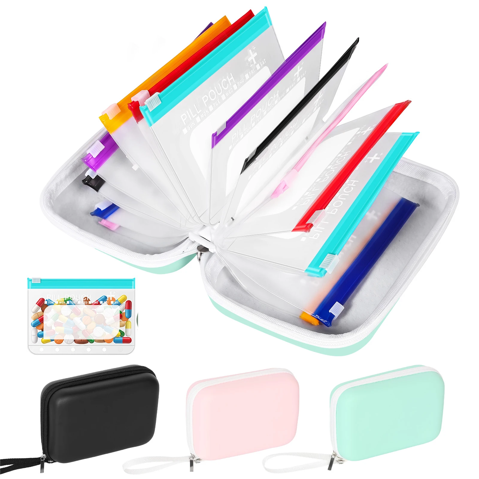 Waterproof Pill Organizer Set Reusable Zippered Pill Pouch Set with 14 Compartment Translucent Self-Sealing Travel Bags
