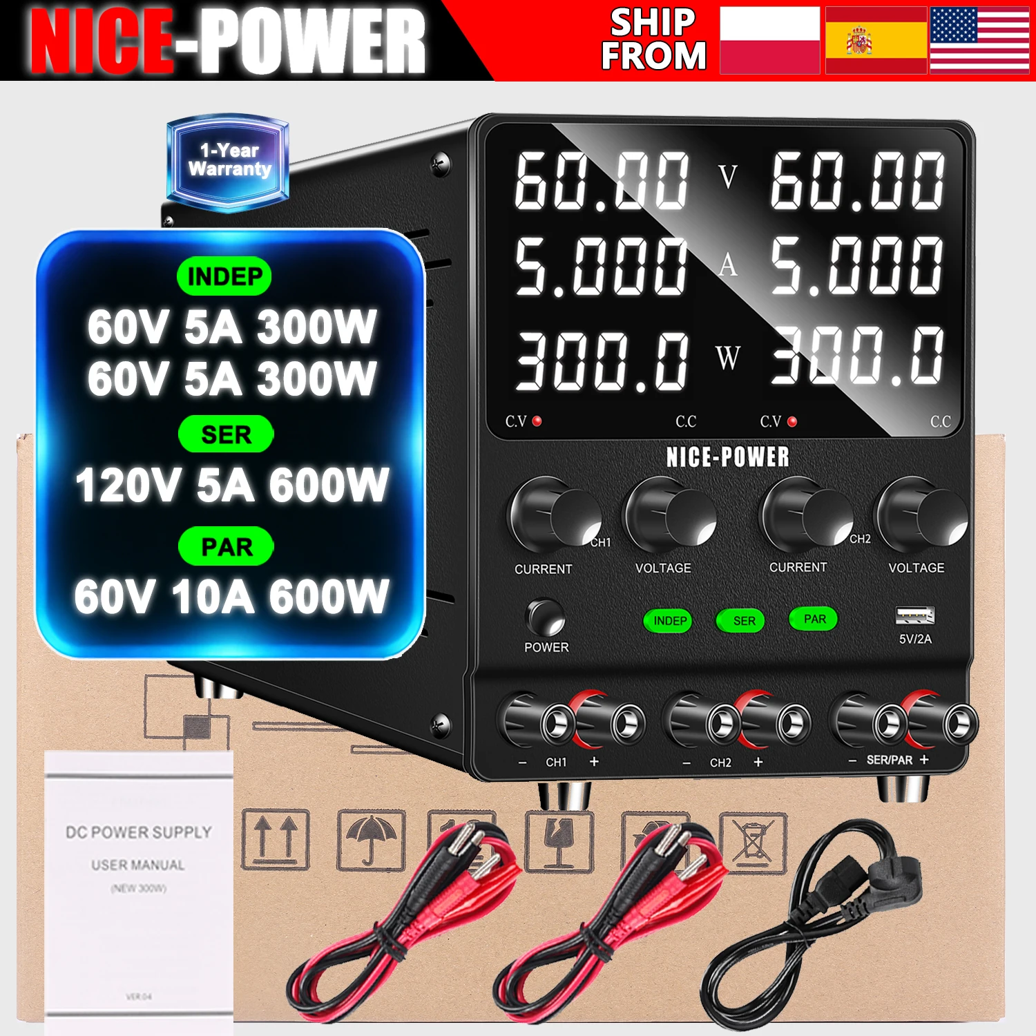 NICE-POWER Multi-kanaals DC-voeding Variabel 0-240V 0-20A Bench-voeding, dubbele onafhankelijke uitgang, serie en parallel