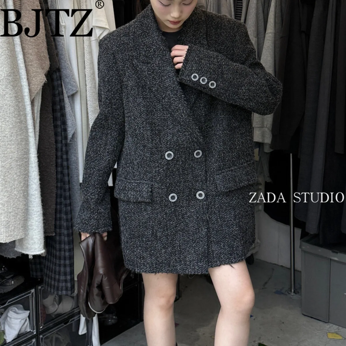

BJTZ Women’s Winter Coat Thickened Wool Blend Quilted Lining Solid Color Casual Elegant Designer Warm Outerwear Autumn 2025