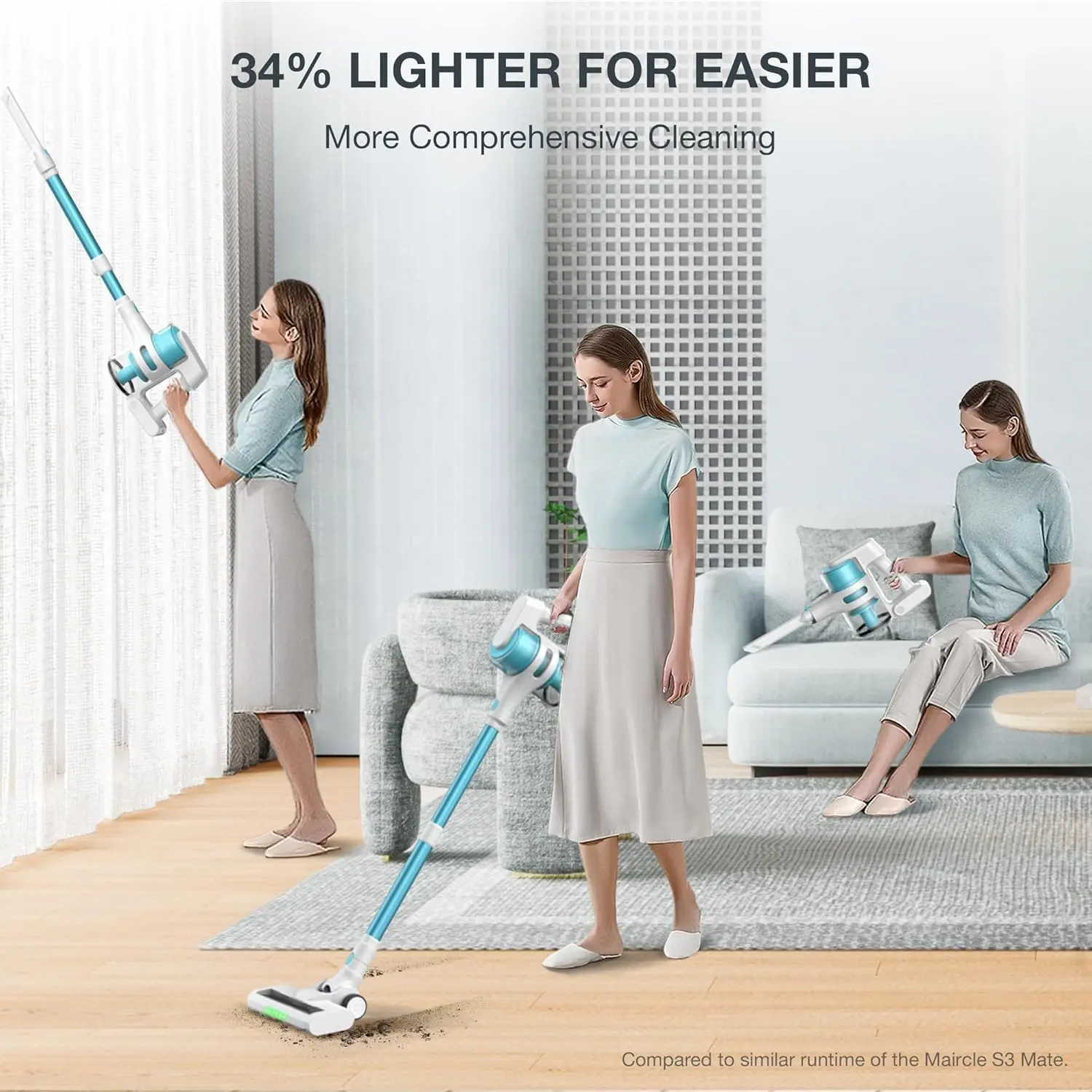 Cordless Stick Vacuum Cleaner, 18KPa Suction Power, Lightweight & Rechargeable, 40min Runtime, Anti-Tangle LED Brush