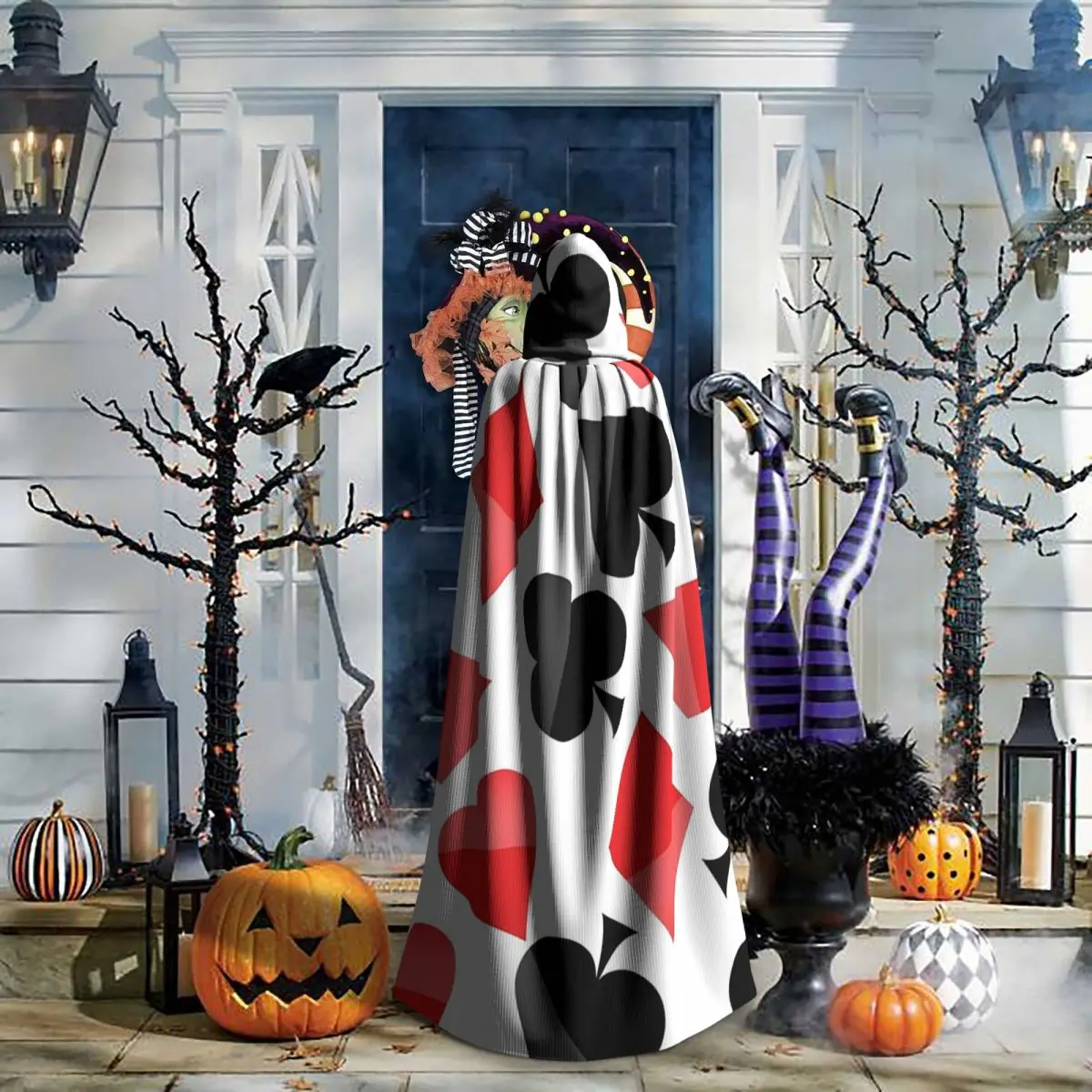 ชุดแม่มดแบบยุคกลาง เสื้อคลุมยาวมีฮู้ด ลายไพ่ เหมาะสำหรับคอสเพลย์ ฮาโลวีน สำหรับผู้ใหญ่ แบบ unisex