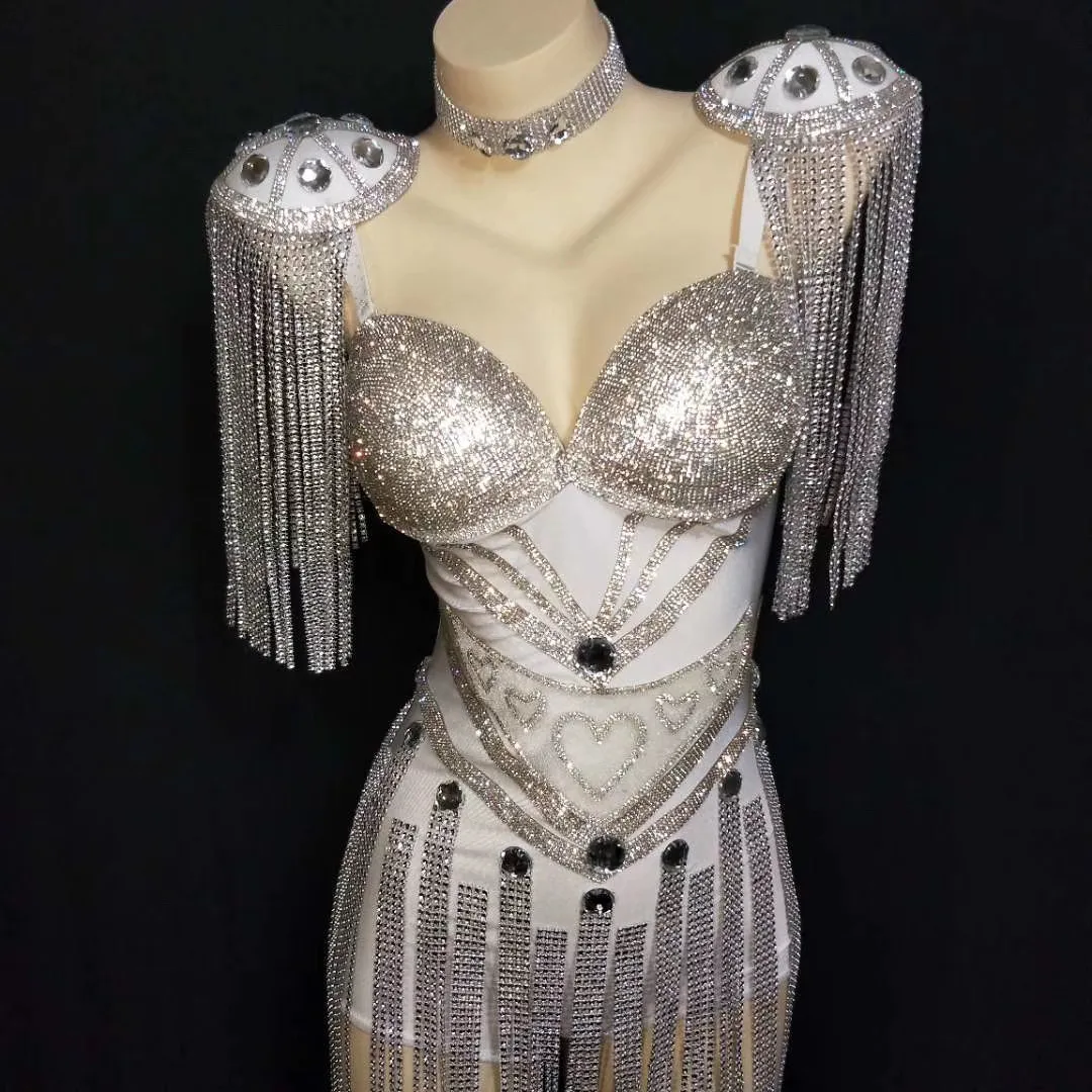 Costumi da donna con paillettes argento brillanti strass cristallo bianco sexy tute lunghe con nappe costumi di pole dance
