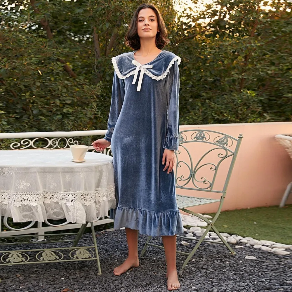 

Nightdress Women's Long Winter Plush Nightgown French Court Style Doll Collar Women's Plush Pajamas Loungewear