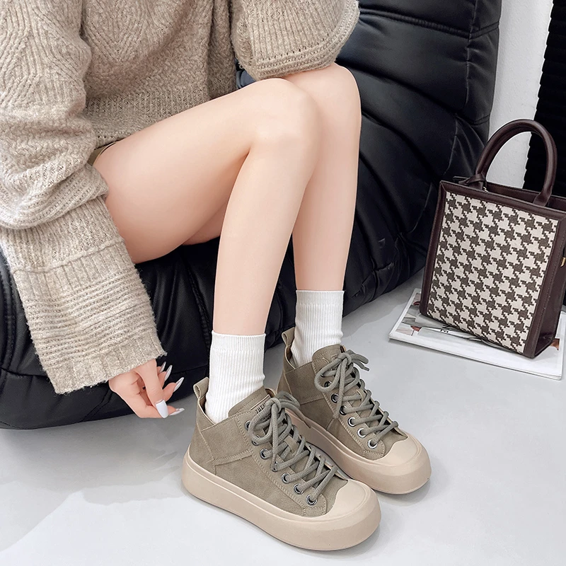 

Women's Lace-Up High-Top Shoes Autumn Winter New Style Retro Platform Soft-Sole Mid-Heel Ankle Boots