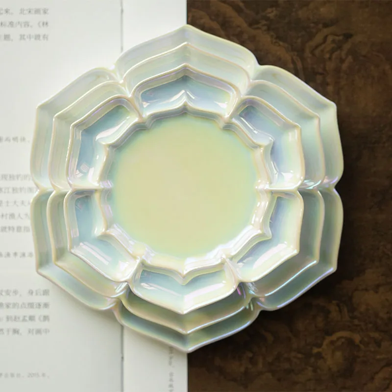 Pearl Glaze Ceramic Pigment Palette Lotus Design Mix Tray for Watercolor Gouache Traditional Chinese Mineral Painting Craft