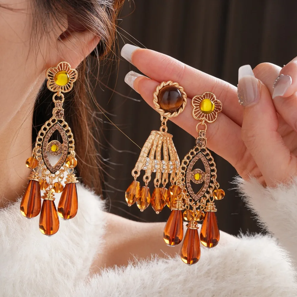 Medieval Style Round Tiger Eye Stone Rhinestone Teardrop Crystal Tassel Dangle Earrings for Women Elegant Statement Ear Jewelry