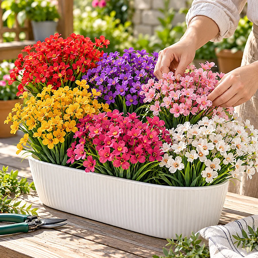 33cm 18Heads Violet Fake Flowers, Realistic Artificial Faux Plastic Stem Vase Arrangement Home Garden Wedding Birthday Decor