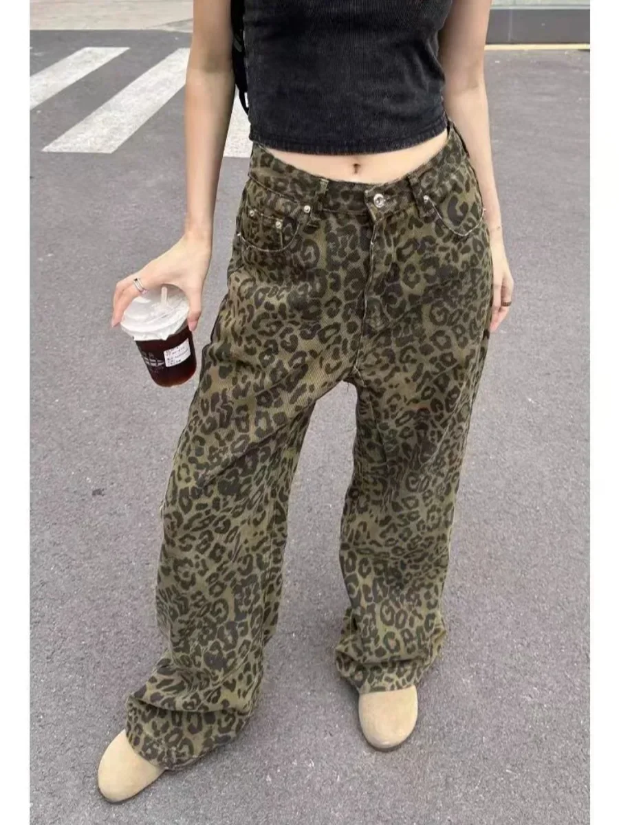 Frauen Denim Hosen Herbst Frühling Leopard Print Breite Bein Jeans Vintage-Mode Weibliche Hohe Taille Beiläufige Gerade Jeans Hosen