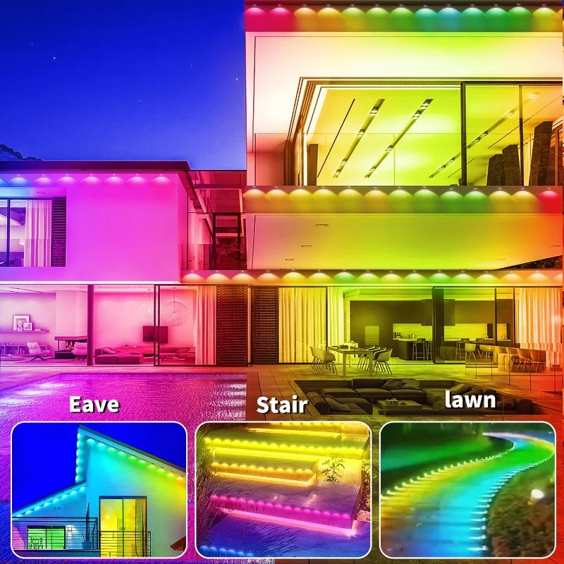 Beirais ao ar livre luzes led ip67 à prova dip67 água corda de luz permanente com controle remoto para jardim pátio decoração festa lâmpada