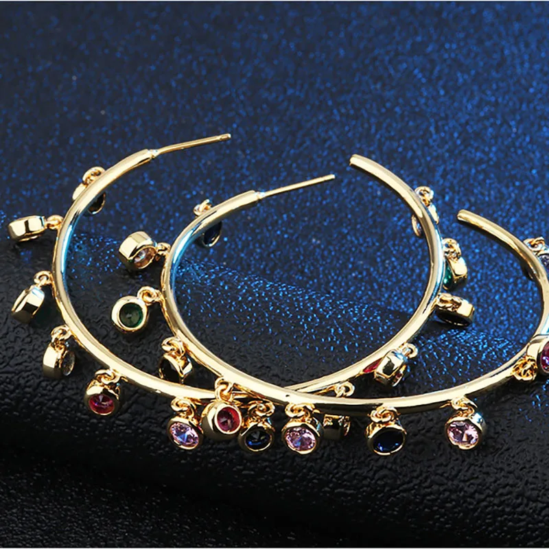 Women colorful zircon circular gold plated ring earrings hoop elegant fashion jewelry for ladies