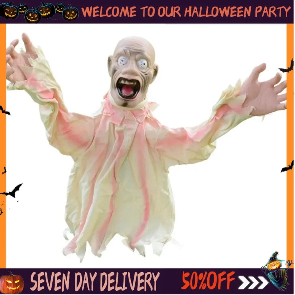 

Halloween Animatronics Ghost Ground Stake with Sound Control Light Up Eyes Horror Sound Animated Halloween Decorations Outdoor