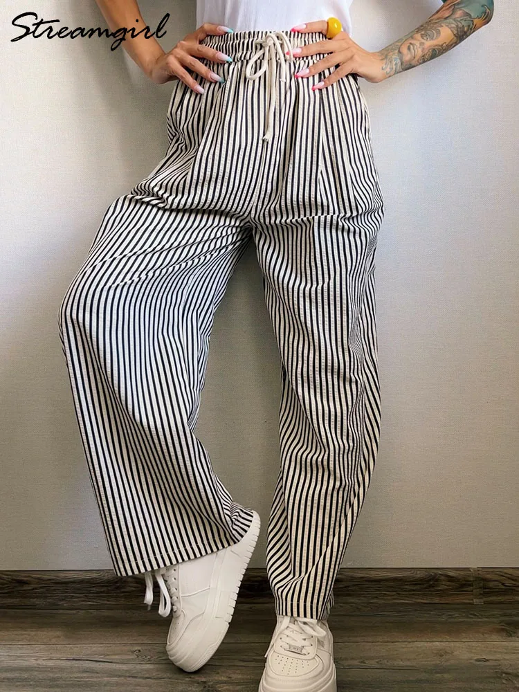 Streamgirl Wide Leg Women Striped Pants Autumn Black White Summer Loose Casual High Waist Trouser Ladies Straight Pants Women