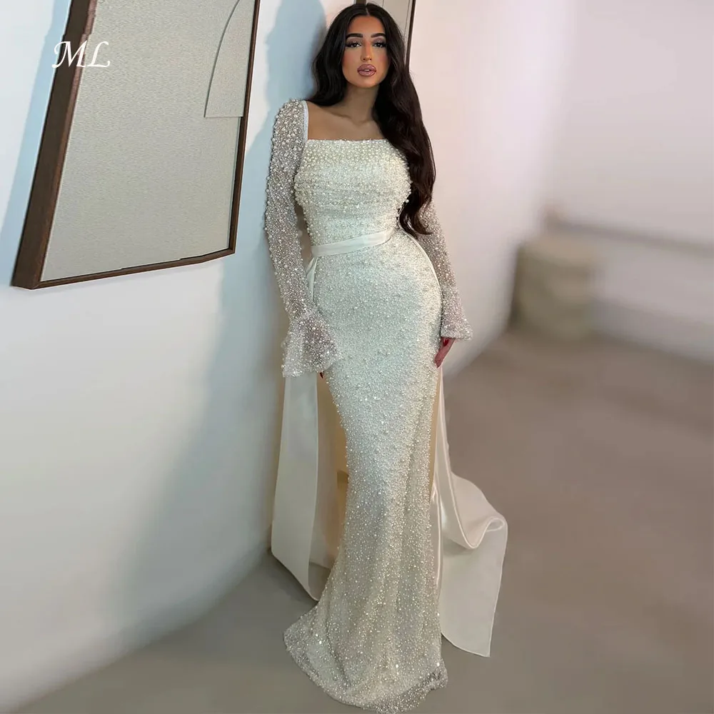 ML Maßgeschneiderte klassische Abendkleider für Damen, quadratischer Ausschnitt, langes ärmelloses Kleid, Pailletten, Perlen, Perlenstickerei, bodenlanges Kleid, Partykleid