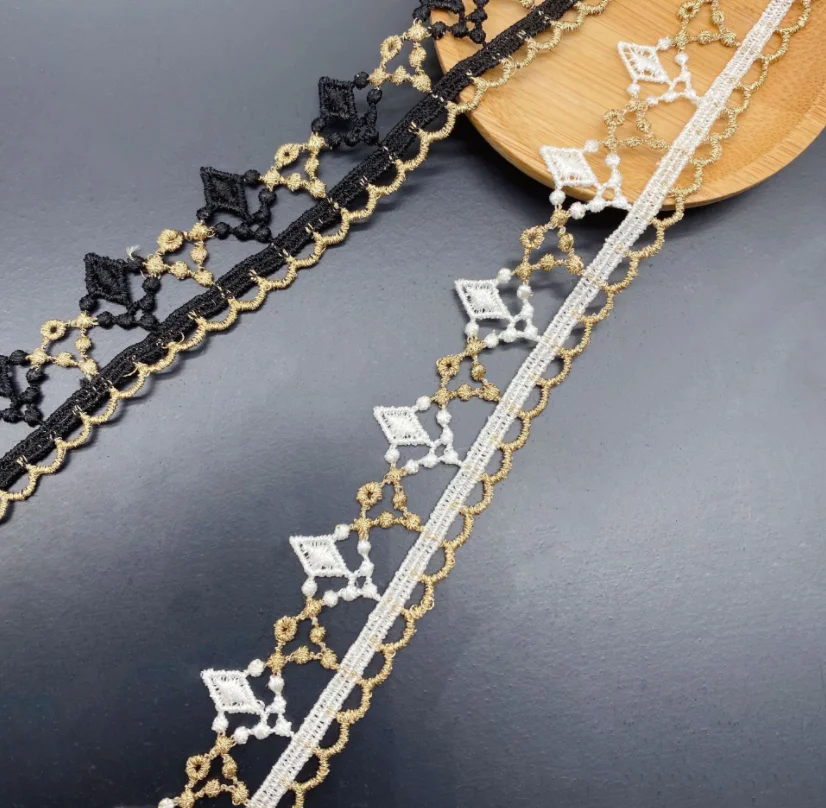 2 metros/lote 2,5 cm de ancho negro blanco oro telas de encaje bordado ropa de mujer DIY adorno de encaje
