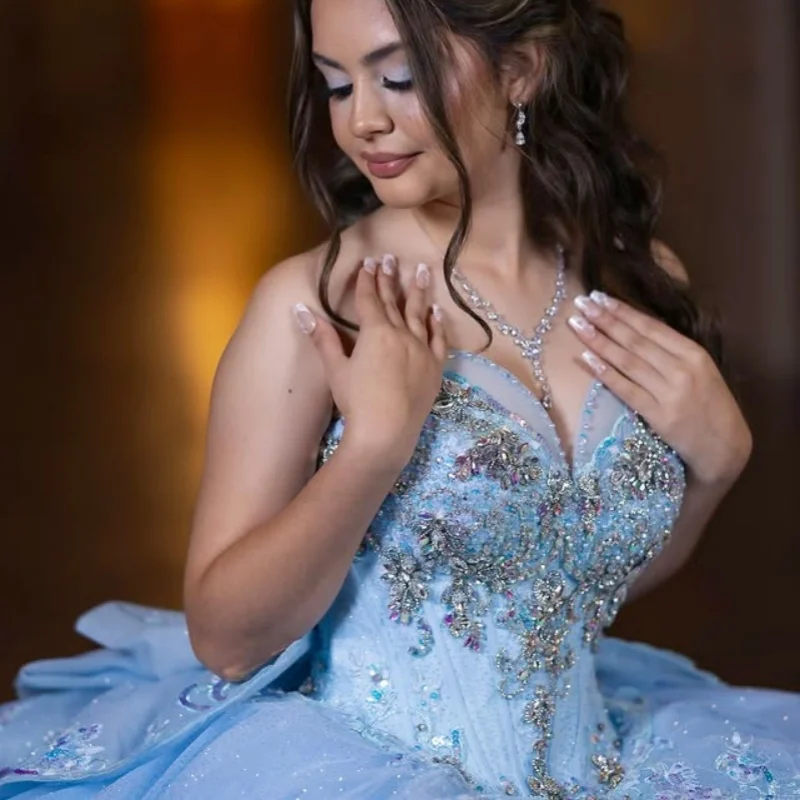 

Shiny sky blue Quinceanera Dress off-shoulder crystal glitter Lace layering decal Big Bow vestidos de 15 Quinceanera ﻿Customize
