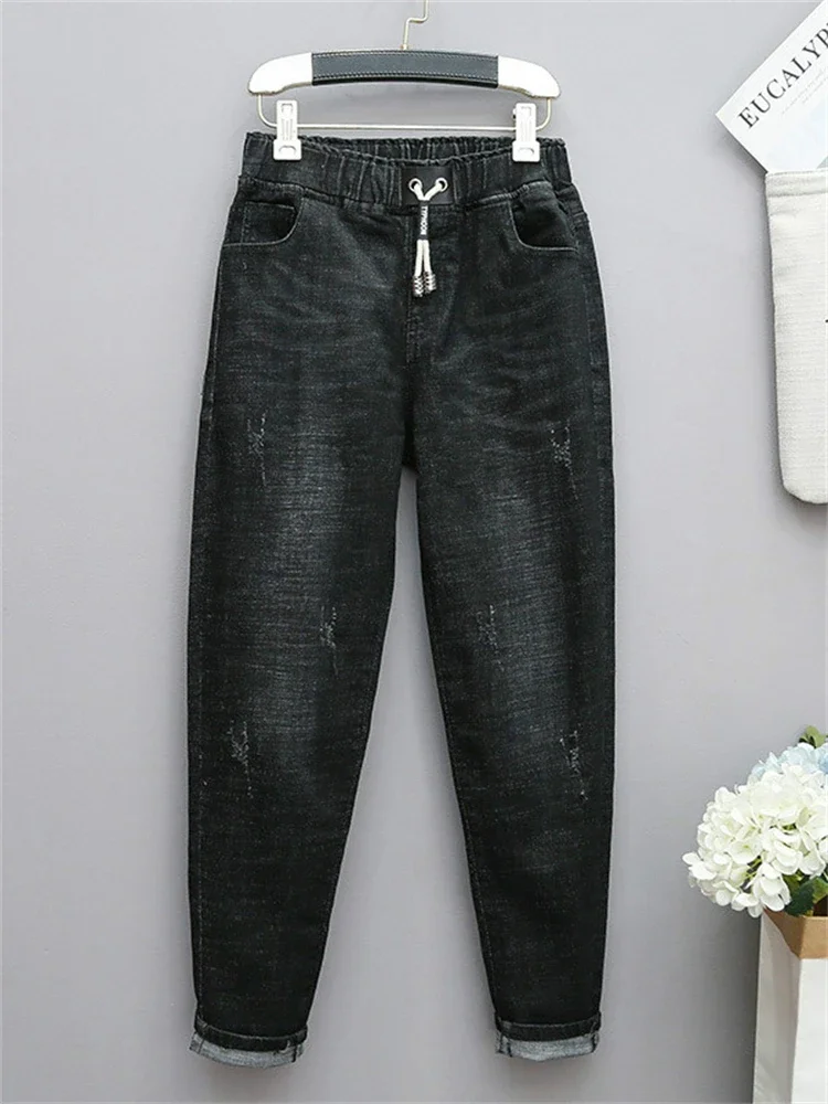 

Spring Summer New Fashion Women Large 100kg Casual Loose Female Elastic Waist Oversize Jean Trousers Jeans Wild Pants V503