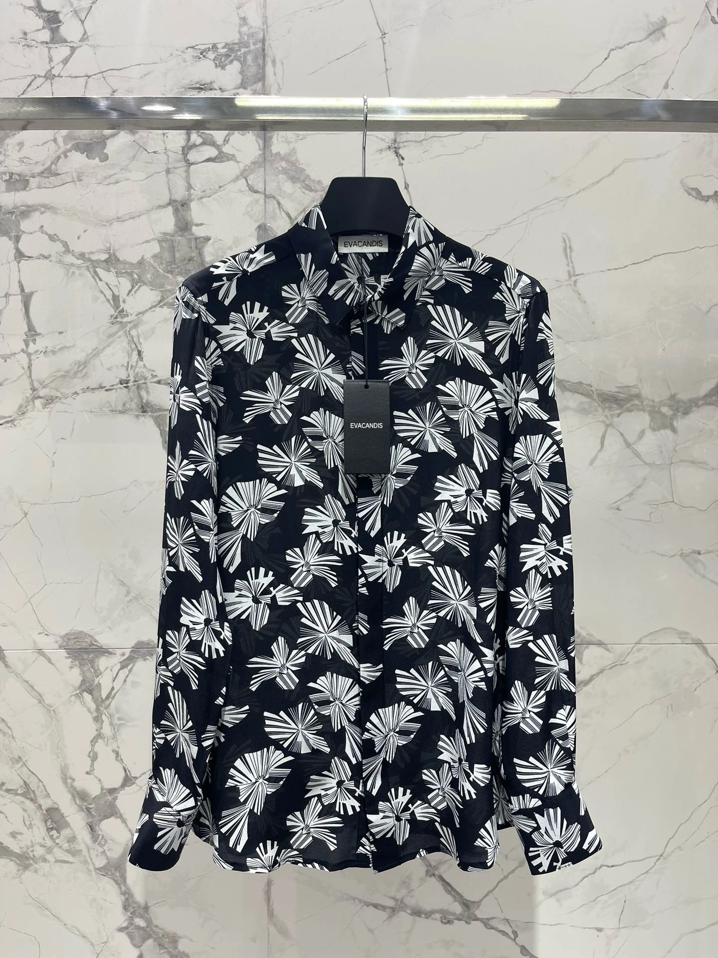 EVACANDIS 100% Real Silk Long Sleeve Turn-down Collar Black Shirts Elegant Luxury Chic Office Lady Sweet Tops Snowflake Printing