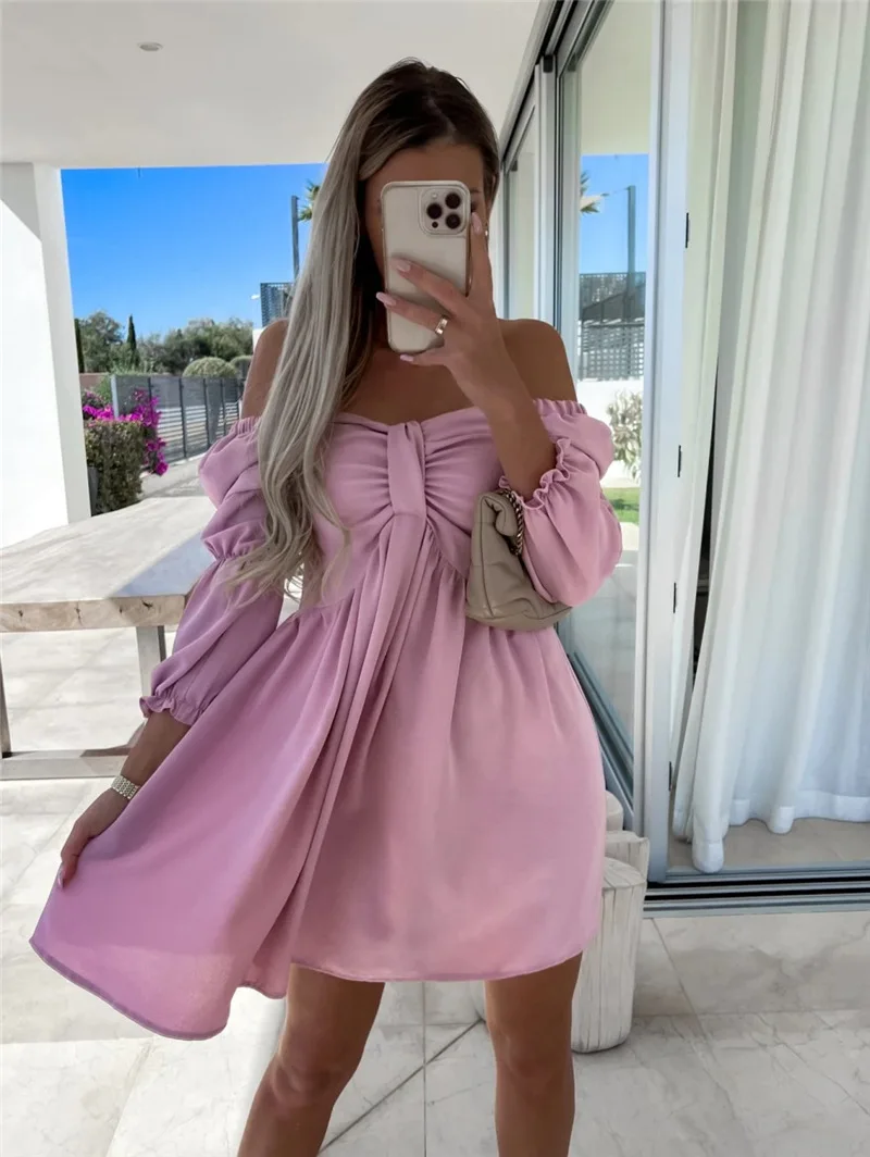 Summer Womens Sexy Off Shoulder Half Sleeve Mini Dress Solid Party Dress 2022 One Shoulder Slim Bow Dress Fashion Folds Dresses