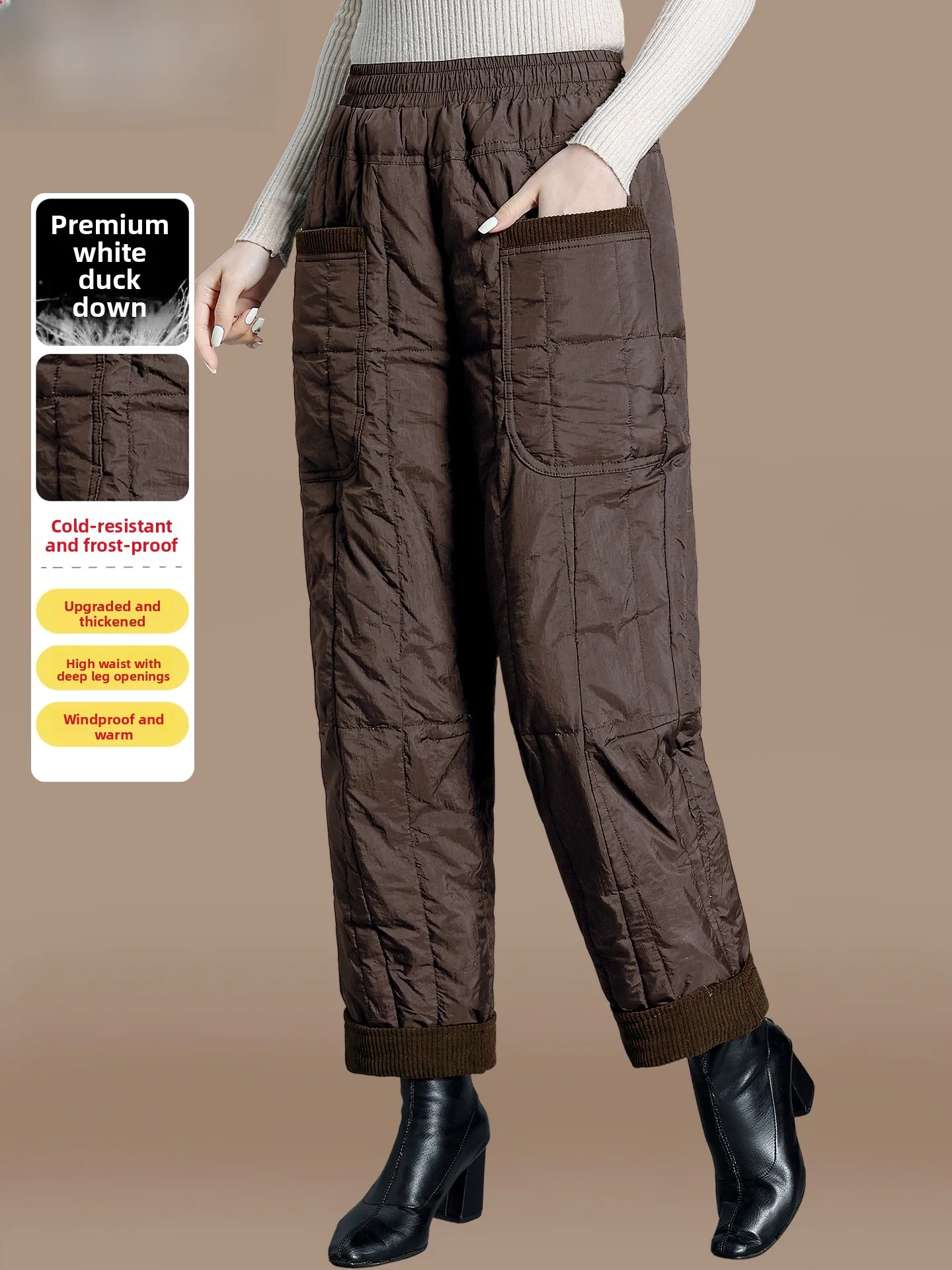 

Winter Faion High Waist down Pants for Middle-Aged Mothers Warm Loose Women's Long Trousers Comfortable Polyester Fiber