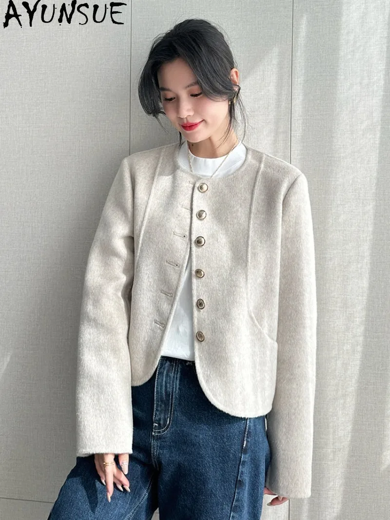 AYUNSUE Women'S Double-faced Wool Coat Short Loose Fit Clothing Ladies Autumn Winter Clothes Light Luxury Woolen Overcoat New