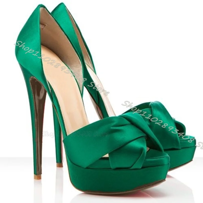 Green Silk Platform Stiletto Sandals Cover Heels Ankle Buckle Peep Toe Sandals Fashion Party for Women Shoes Zapatos Para Mujere